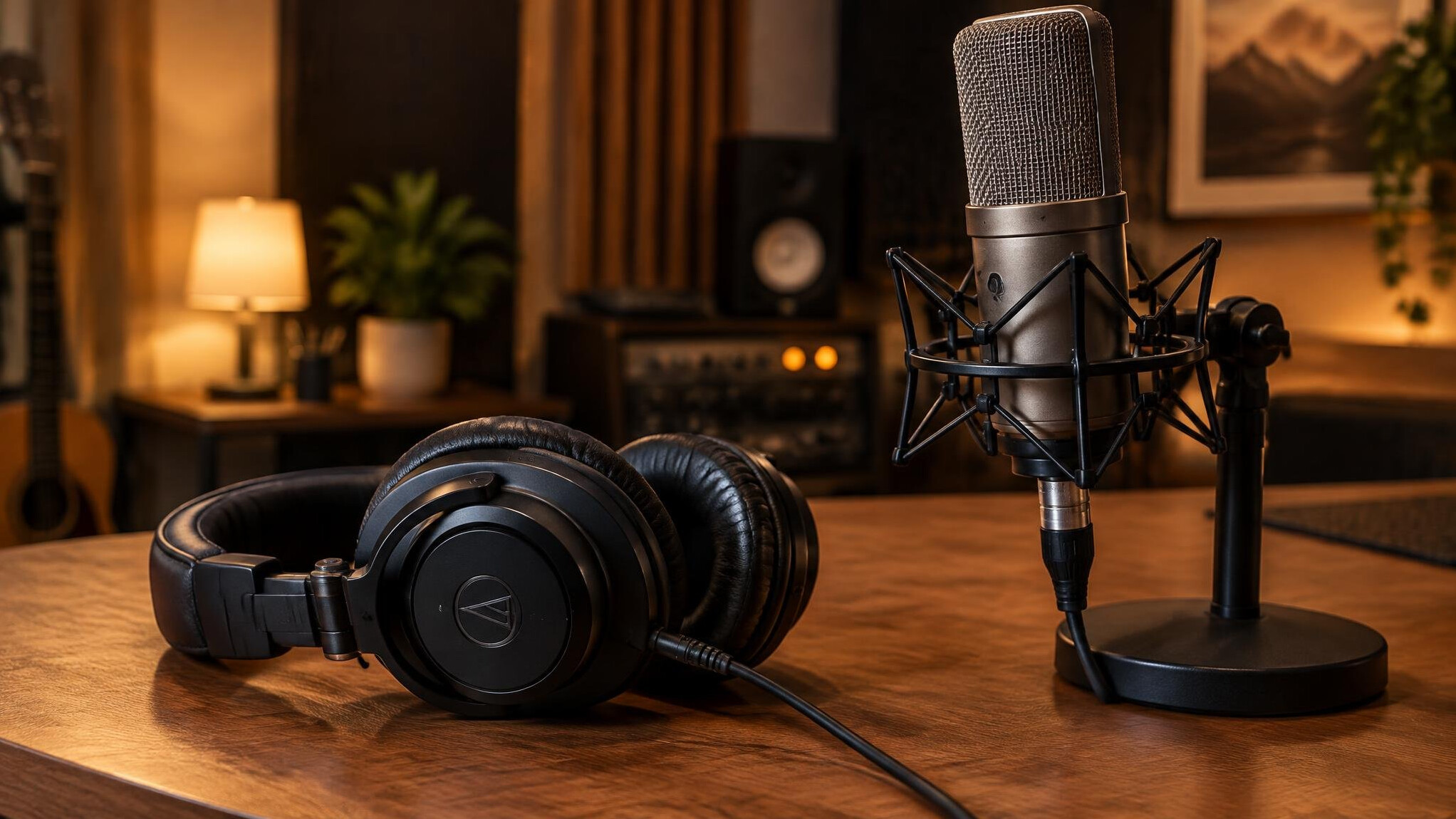 Headphones and microphone in a recording studio