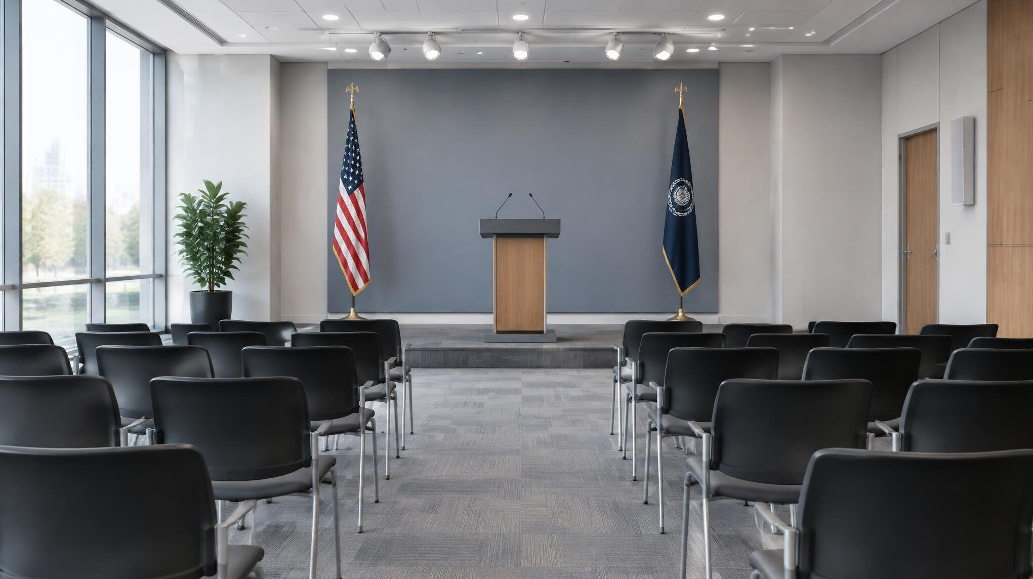 Press conference room with chairs and a stage