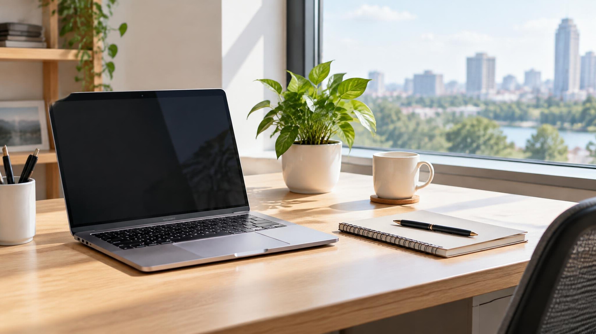 Bright office desk with a laptop and plants