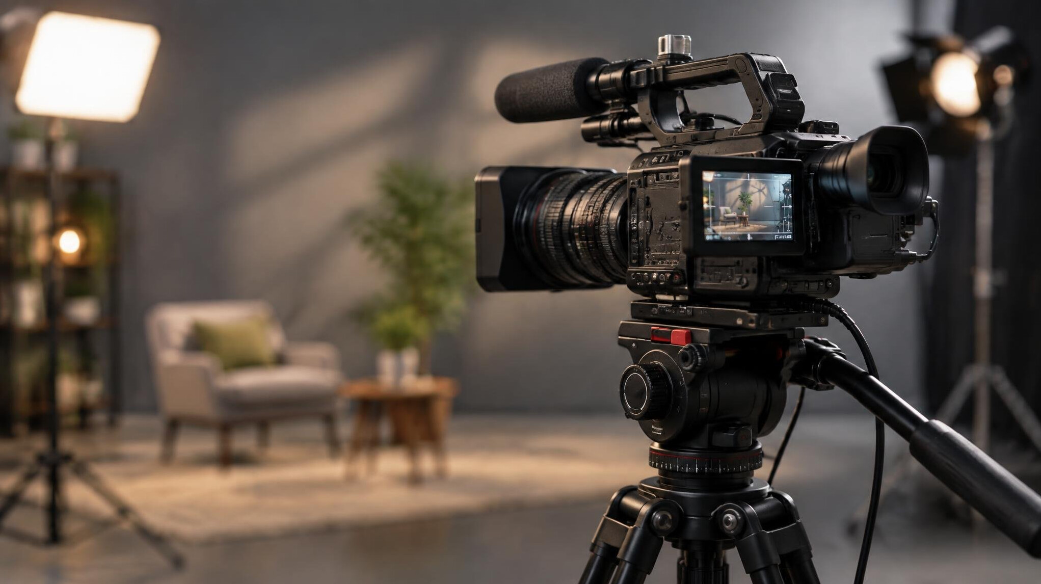 Camera on a tripod in a studio
