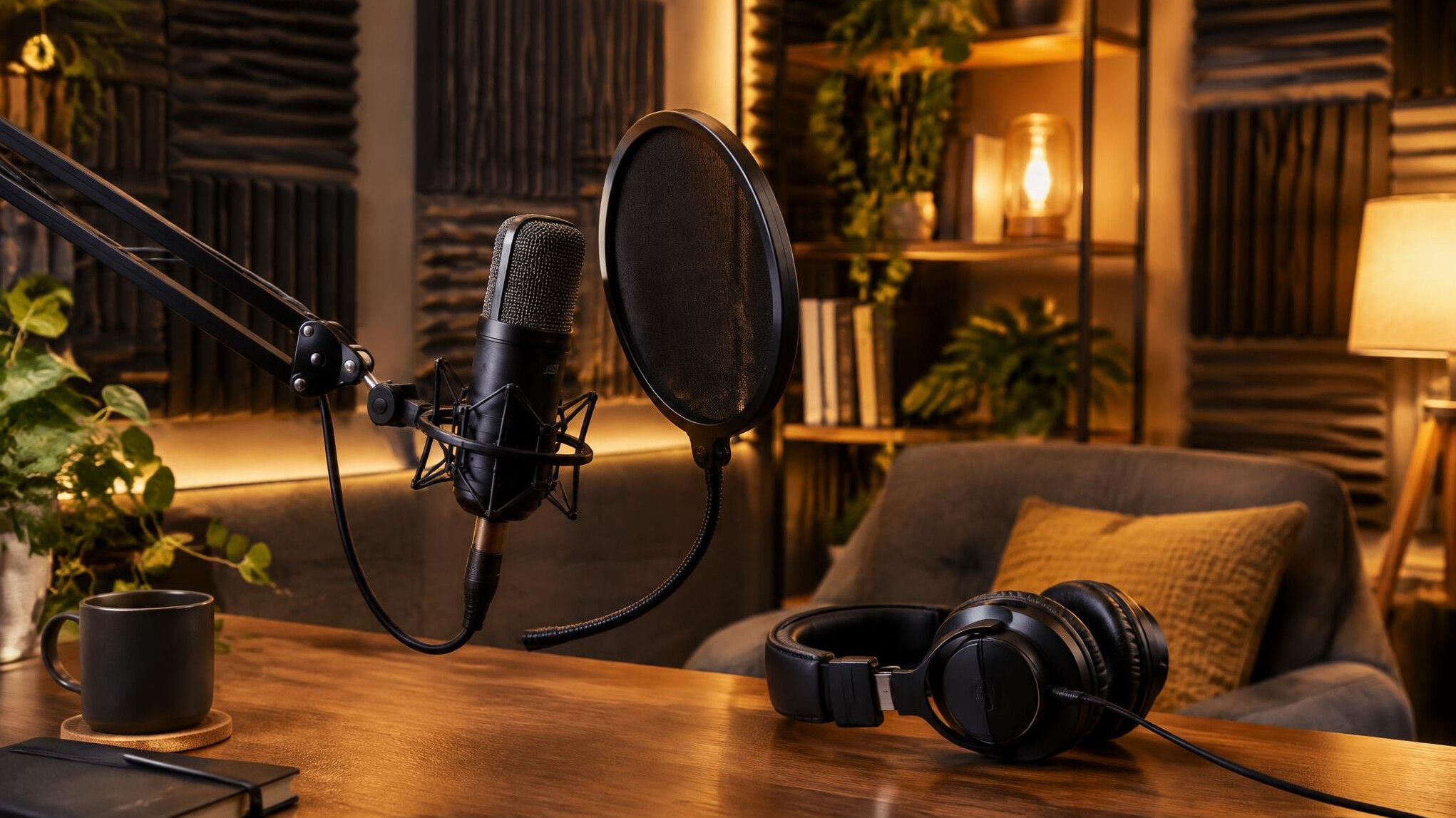 Podcast microphone with pop filter in a studio