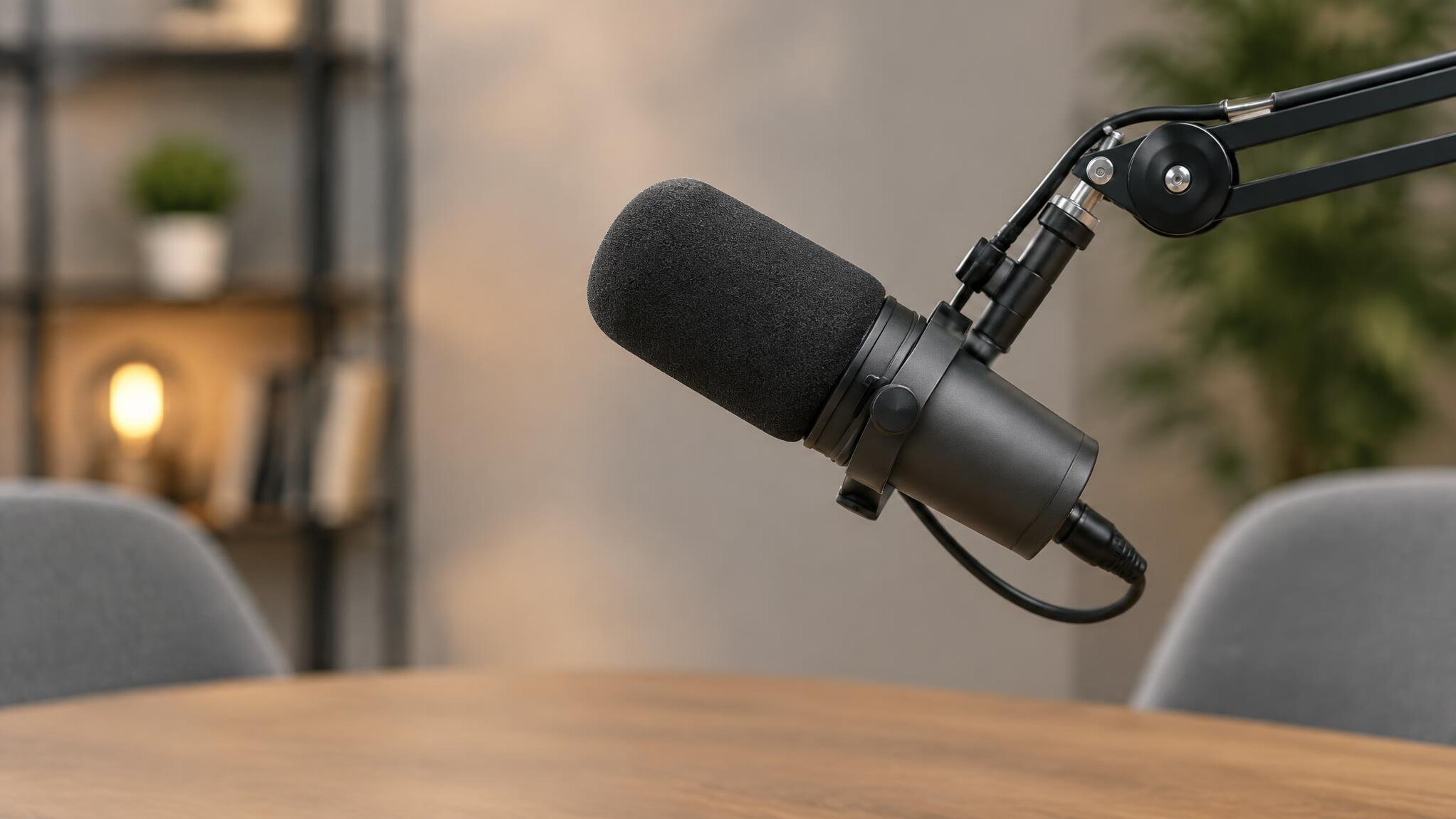 Studio microphone on a stand in front of a soft background