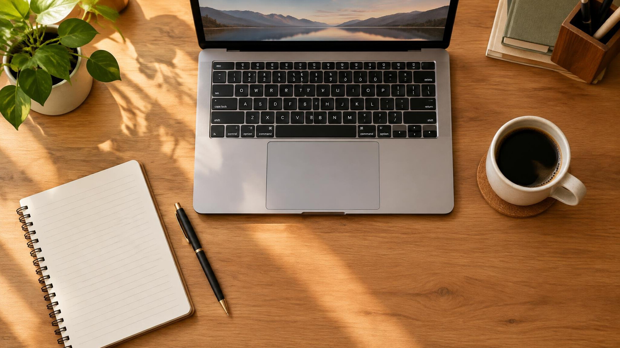 Overhead view of a laptop and notes on a desk
