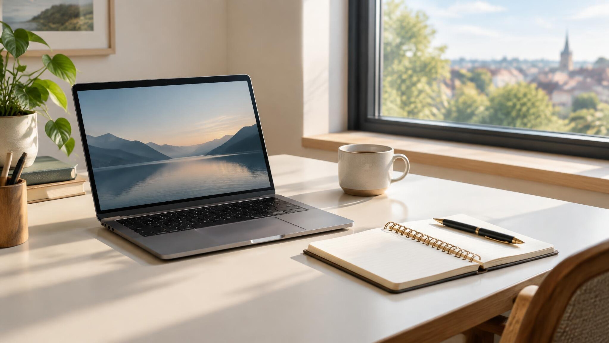 Laptop and notebook on a table ready for a message