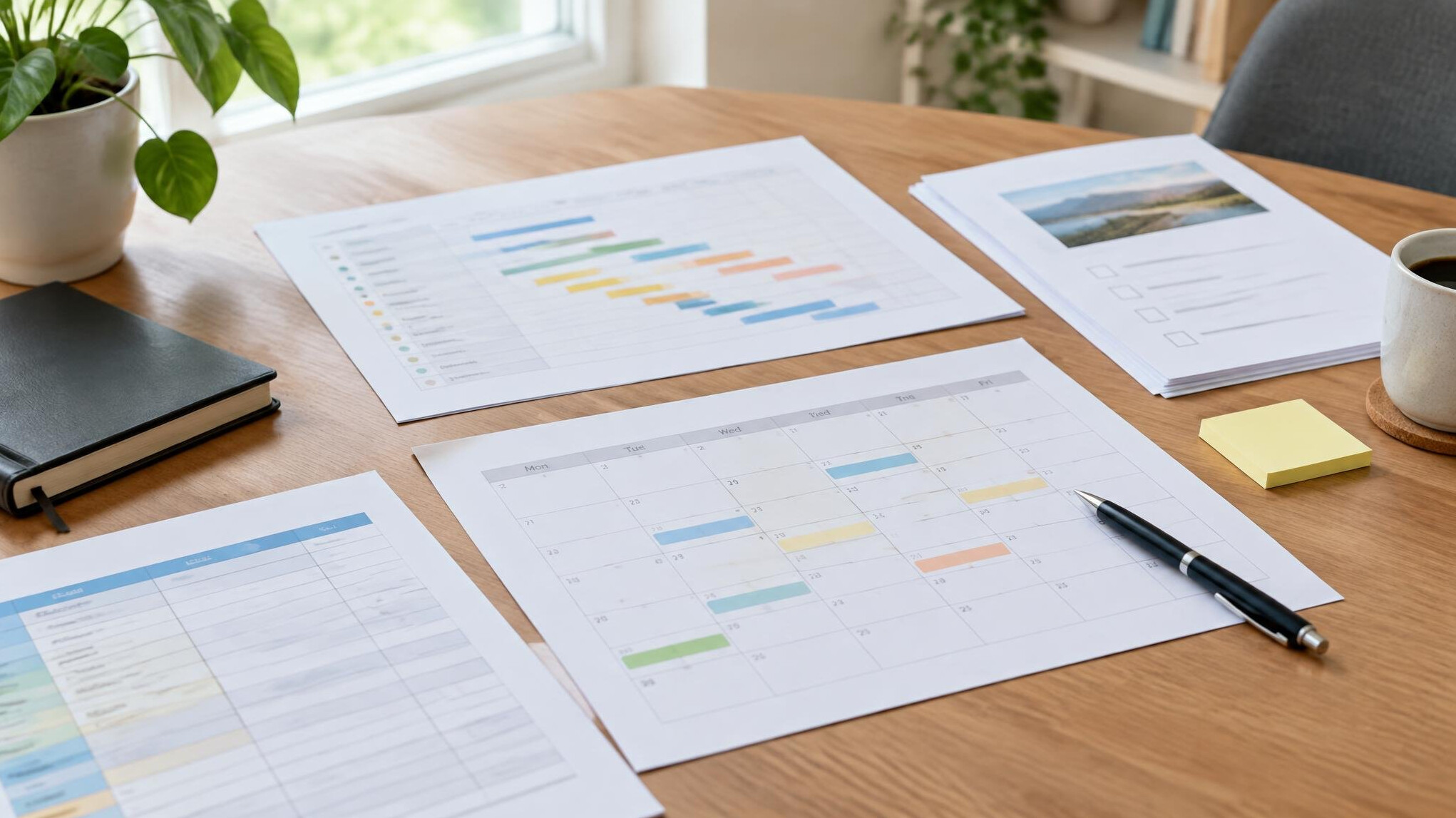 Desk with documents, chart printouts and a calculator
