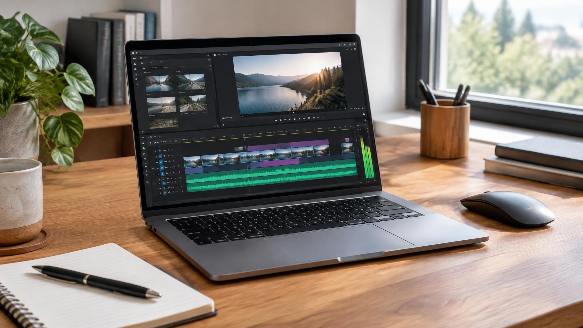 Laptop with editing software open on a desk