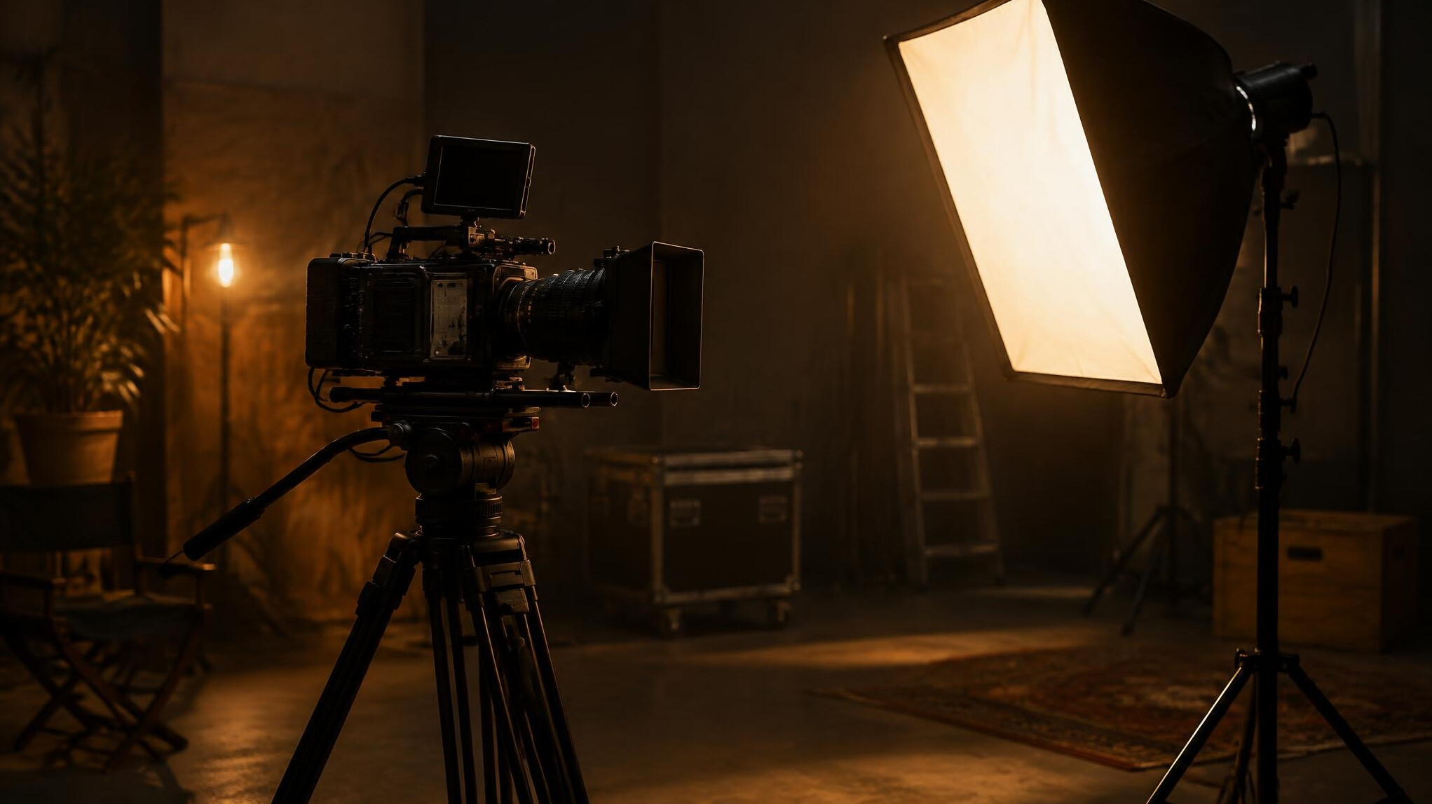 Cinema camera with studio lights on a set
