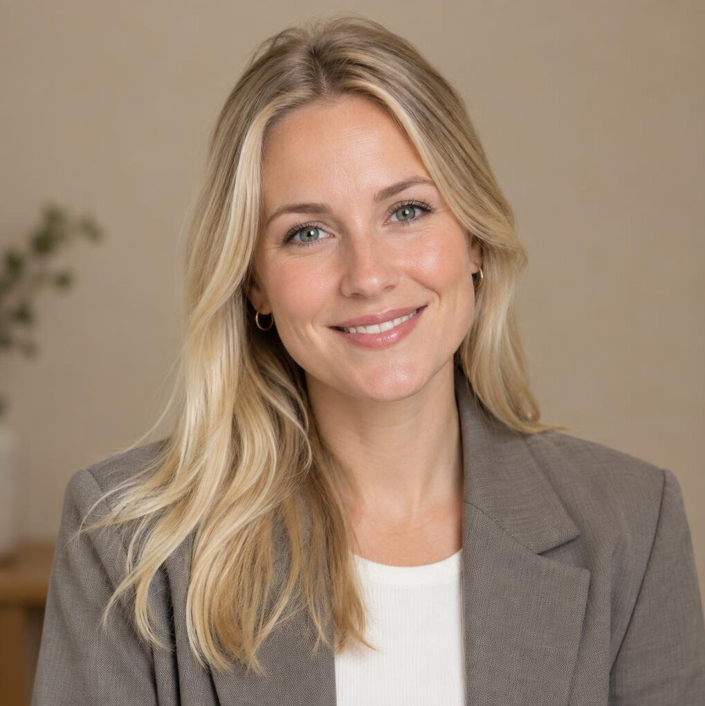 Smiling blonde woman portrait in a studio